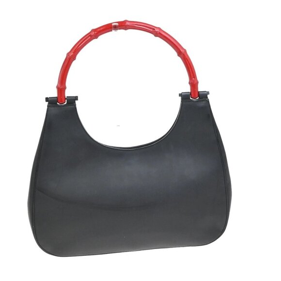 GUCCI Logo Bamboo Shoulder Hand Bag Leather Black Red Italy 61FB846 - Picture 4 of 16